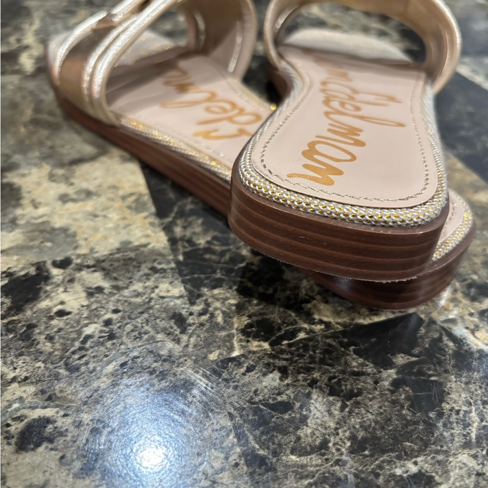 SAM EDELMAN IRINA GOLD LEATHER LOGO SLIDE FLAT SANDALS ( WOMENS 10.5 ) Preowned - Picture 5 of 8